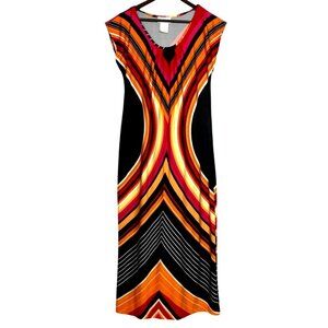 Olivia Matthews Maxi Dress Black & Vibrant Print Sleeveless Stretchy Sz Lg